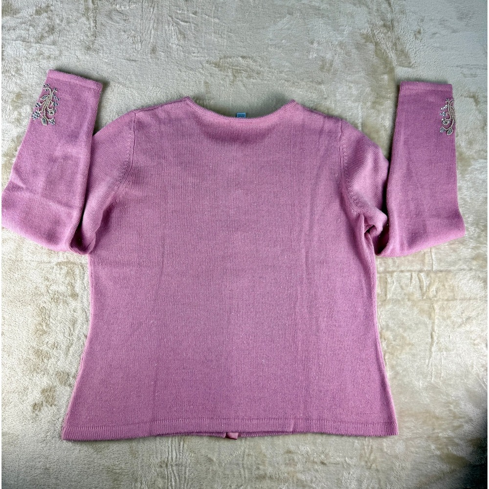 Nordstrom Pink Beaded Floral Cardigan Sweater Metallic Shimmer Rhinestone Large - Picture 4 of 17